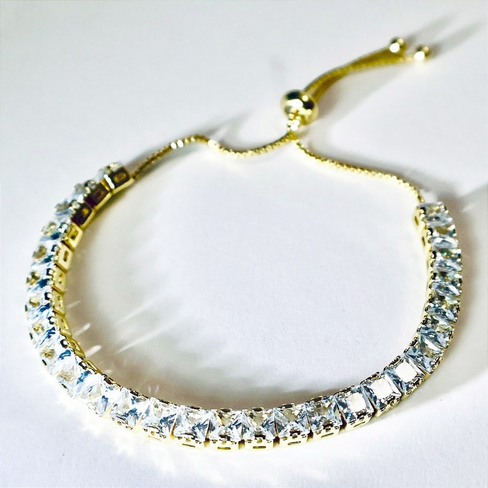 Swarovski Crystal Tennis Bracelet Silver Plated Adjustable Bolo Square Cut NEW